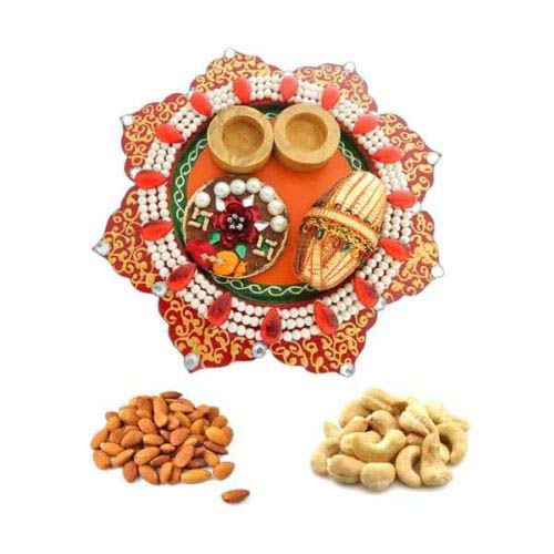 Wooden POOJA THALI Almonds & Cashew 100gms Each - CANADA Deliver -  Rs.3,665.00/