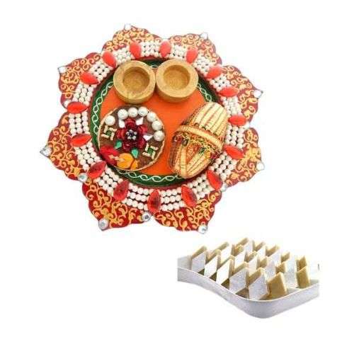 Wooden PUJA THALI &  Kaju Katli 200gms - UK Delivery Only